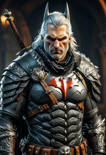 perfect lighting, perfect face, incredible detail, ultra detailed, high quality, front view, Batman in Geralt's leather armor (The Witcher 3), gray hair, (wolf school medallion), batman mask, two swords on his back.