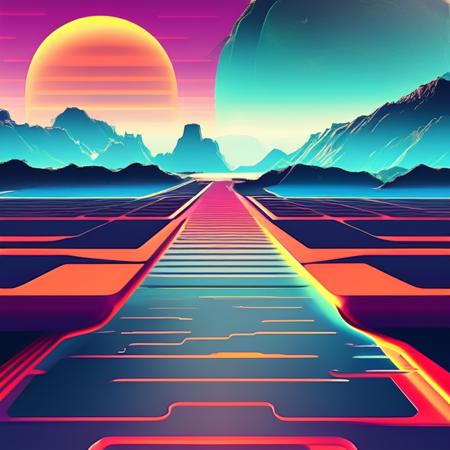 (retrohorizon style:1) an image of a futuristic landscape with mountains in the background <lora:djzRetroHorizonV21_LoraBooth:1>