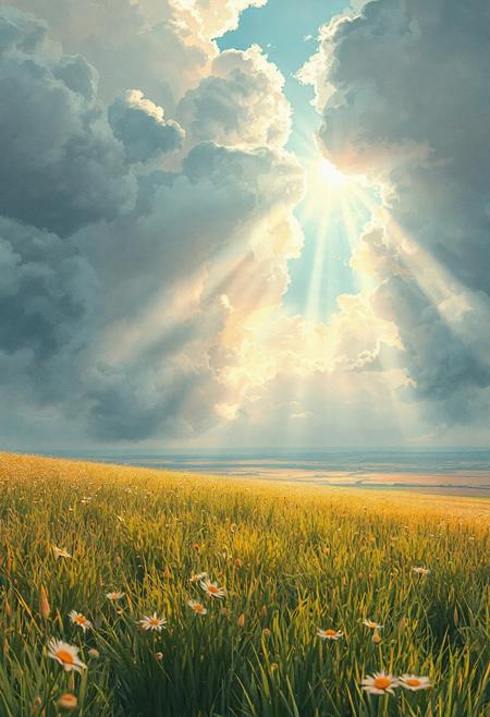 "Vertical 9:16 cinematic anime scene, wide view from a grassy hilltop, overlooking endless golden fields, detailed wildflowers in the foreground gently swaying in the wind, massive textured clouds overhead with visible folds and organic bumps, powerful beams of shimmering sunlight bursting through scattered gaps in the clouds, painting radiant streaks across the land, pastel sky in soft blues, golds, and faint pinks, hyper-detailed soft watercolor anime shading, dreamy emotional atmosphere, slight gentle motion in the grass and flowers.