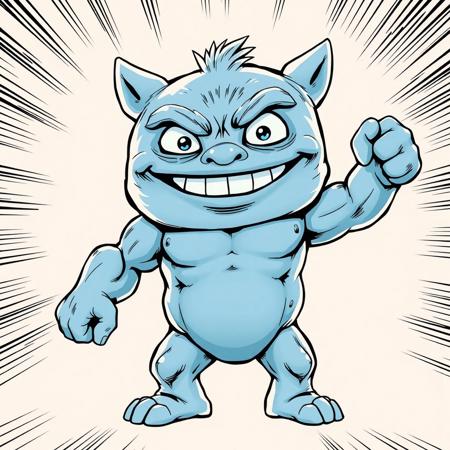 masterpiece, high quality, Babo character in Ian McGinty's comic style merged with Chanmen's detailed illustration, light blue Uglydoll body, McGinty's signature dynamic poses with Chanmen's refined linework, expressive comic-style eyes (larger than traditional Uglydoll style), cheerful wide smile with tiny visible teeth, enhanced muscular hero-like body shape while maintaining Uglydoll roundness, bold thick outlines with detailed shading, McGinty's action-oriented perspective, Chanmen's careful attention to texture details, light blue fur texture with subtle highlights and shadows, characteristic stubby arms with added muscle definition, signature belly button detail with enhanced shading, hero-pose stance, comic-book style dynamic lighting effects, slight metallic sheen on blue fur, enhanced expression showing determination and friendliness, bold black ink outlines with gradient effects, subtle cross-hatching in shadow areas, comic panel composition, dramatic foreshortening, action lines suggesting movement, Chanmen's signature smooth color gradients, enhanced proportions maintaining Uglydoll charm, dramatic shadows, high contrast highlights, subtle texture patterns in fur, dynamic background suggestion, slight perspective angle, heroic undertones while keeping cute appeal, modern comic art style fusion