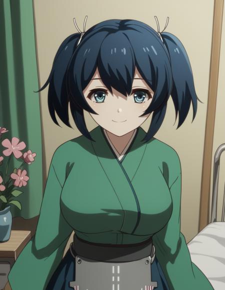 souryuu, short hair, black hair, blue eyes, ribbon, twintails, blue hair, hair ribbon, souryuu (kancolle), large breasts, skirt, japanese clothes, blue skirt, long sleeves,