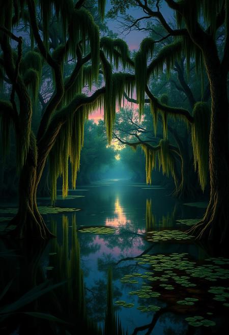 A serene bayou landscape with moss-draped trees, tranquil waters, reflecting the twilight sky, rich greens and browns, details of frogs and crickets adding to the ambiance, beautiful lighting, hyper-realistic digital painting, cinematic atmosphere, atmospheric, 8k resolution.