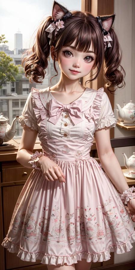 Kawaii Fashion: Pink and White Cat and Floral Teapot Print Jirai Kei Dress v1.0