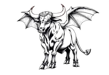 fantasy, ink art, comic style art, bull is standing with four feet, feet has 3 claws, bat wings, muscular