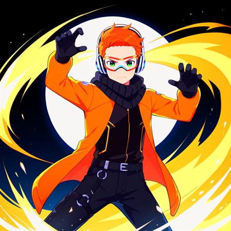 Finn Orange Jacket Goggles Headphones Orange Stripes Black Gloves Black Scarf