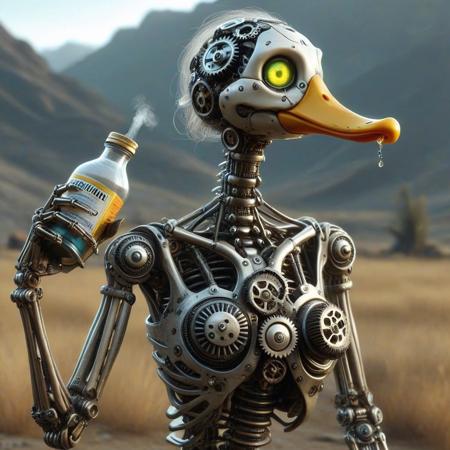 g3ars,fallout background, duck skeleton made out of gears,long eyelashes,holding a bottle of gasoline with bugs in it,female1,solo,fatal,no human,crecked jaw,beautiful detail,high-quality, HD, beautiful background,