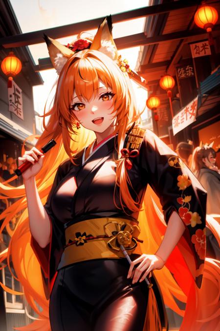 1girl, :d, animal ear fluff, animal ears, black kimono, blonde hair, blush, breasts, festival, fox ears, hair ornament, holding, japanese clothes, kimono, lantern, long hair, long sleeves, looking at viewer, night, obi, open mouth, paper lantern, ponytail, print kimono, sash, short kimono, smile, solo, summer festival, very long hair, wide sleeves, yukata