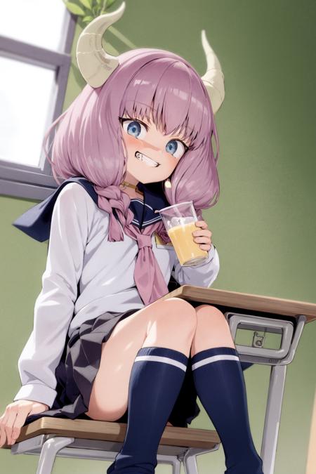 masterpiece, best quality,<lora:style04:1>,
<lora:aura:1>,1girl, horns, solo, pink hair, school uniform, skirt, braid, smile, serafuku, window, twin braids, sitting, looking at viewer, sailor collar, indoors, desk, long hair, curtains, school desk, socks, neckerchief, long sleeves, blue eyes, shirt, pleated skirt, drinking straw, grin, white shirt, black socks, blue neckerchief, juice box, bangs, virtual youtuber, kneehighs, black skirt