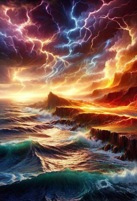 (((reality-shot, realism, realistic photography of a dramatic stormy seascape infused with electrified energy, waves crashing against jagged cliffs coated in glowing plasma textures, lightning bolts striking electrified clouds, dark skies swirling overhead with hints of chromatic flashes, dramatic art style, charcoal-electric theme, intricate details, ultra sharp, exquisite detail, flawless composition, vivid colors, masterpiece, turbulent intensity lora:electrify_world:1 )))
made of golden and blue and red and yellow and purple lightning thunder trails , lthndrtrl