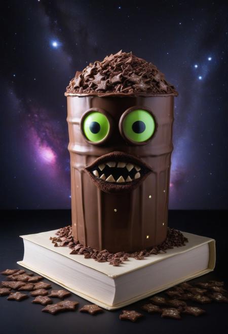 Books made out of cake, trash-can with large google eyes;  made of (ais-lmnsgr; chocolate;),
Sharp chocolate teeth, surrounded by chocolate chips
 Close up, space stars background.
zavy-flrscnc, fluorescent, fluorescent spraypaint,