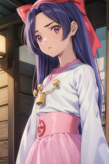 kazuki yasaka crossdress, long hair, (red eyes:1.3), blue hair, hair bow, (parted bangs:1.5), bow, bow, jewelry, dress, white dress, frills, long sleeves, skirt, pink skirt,