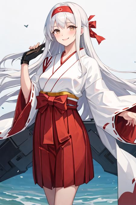 best quality, masterpiece, highres, solo, {white kimono:1.35}, {red hakama:1.35}, {wide sleeves:1.20}, {shoukaku_kantaicollection:1.15}, long_hair, hairband, white_hair, brown_eyes, smile, headband, blush, muneate