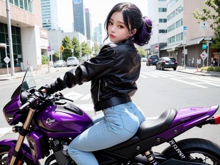 <lora:yhmotorbikev0.2:0.9> far shot,(a girl wearing oversized black jacket and jeans), (blue beehive hairdo), riding a purple yhmotorbike on a city street, (long leg), very detailed, front view, looking at viewer  <lora:koreanDollLikeness_v15:0.2> pureerosface_v1, (back view)