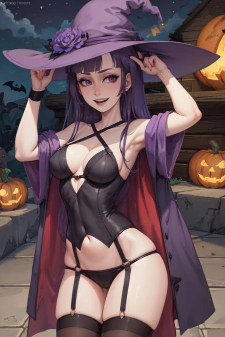 (masterpiece, best quality:1.2), <lora:spookymonth_lila-12:1>, cowboy shot, solo, 1girl, lila, smile, looking at viewer, arm up, ahoge, witch hat, halloween costume, purple wizard robe, thighhighs, garter belt, outdoors, night, jack-o'-lantern, bats