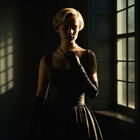 cinematic film still of  <lora:Rembrandt Lighting Style:1>
dramatic, cinematic, shadow, partially covered in shadow, a woman in a dress standing by a window Rembrandt Lighting Style, 1girl, solo, short hair, blonde hair, gloves, dress, jewelry, black gloves, elbow gloves, necklace, realistic, shallow depth of field, vignette, highly detailed, high budget, bokeh, cinemascope, moody, epic, gorgeous, film grain, grainy