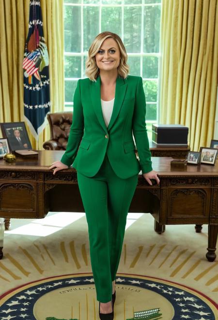 amy poehler standing wearing green pantsuit,in oval office,full body,smiling evilly