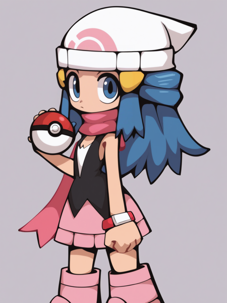 score_9, score_8_up, score_7_up, score_6_up, score_5_up, score_4_up, BREAK , gummo, 1girl, dawn \(pokemon\), beanie, long hair, blue hair, blue eyes, black sleeveless shirt, pink scarf, pink skirt, pink boots, holding pokeball, standing, contrapposto, solo, simple background  <lora:GummoXLLocon:1>