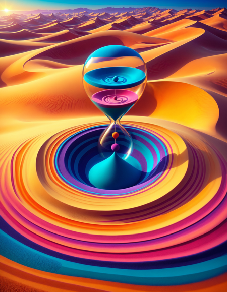 masterpiece, best quality, absurdres, ultra-detailed, surreal desert landscape, golden sand dunes with colorful lighting, whimsical giant hourglass standing above a multicolored spiral carved into the sand, vibrant colors blending like sand art, flowing gradients of turquoise, magenta, orange, deep blue, soft purple, vivid yellow, abstract shapes, magical atmosphere, warm sunlight, dynamic shadows, glowing reflections, playful surrealism, centered composition, (sandswirl:1.2), (swirling sand:1.2)
<lora:SandSwirlLoRa:1>