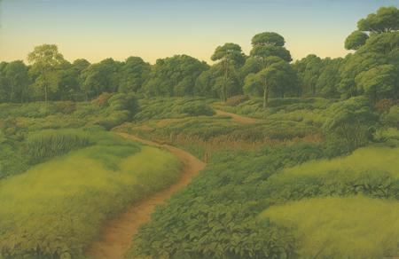 style of Roger Dean, farm ,arboretum ,thicket ,field ,parcel ,
