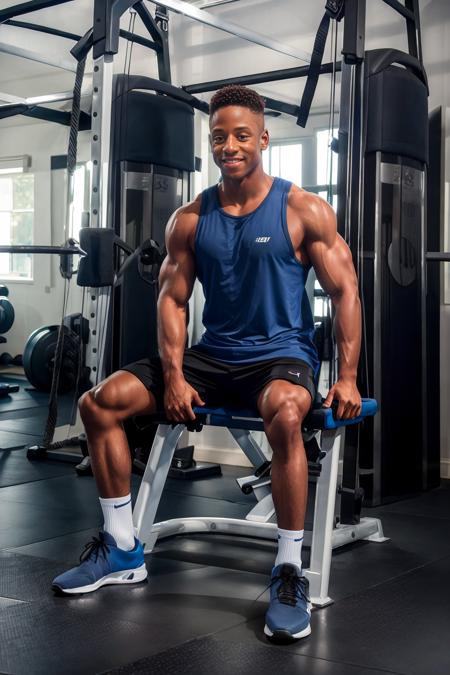 modern gym, exercise machines, sitting on weightlifting bench, smiling, LiamCyber is a sexytrainer, sweaty, white tank top, blue shorts, black drawstrings, socks, sneakers, ((full body portrait)), wide angle  <lora:LiamCyber:0.8> <lora:Clothing - Sexy Personal Trainer:0.55>