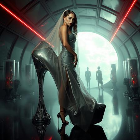 tall slender elegant slavic femme fatal encased with silk veils in giant high heel foil shoe ,  under dimension portal to another galaxy , dressed in sexy glossy satin side slit 1920s nightgown ,  pefect legs in lace trim stockings and d'orsay high heels, small feets, alien spaceship chamber, surrounded by beauty models encased in  hi-tech stasis tubes at background,  fog, mirrors, hi-tech, sci-fi, scifi, mind control, steel, foil, hypno, romance,  lipstick, long hair, heavy makeup,  red nails, long hair, green eyes, sharp cheekbones, ultra thin waist , seductive, feminine, mysterious, alluring, red lasers