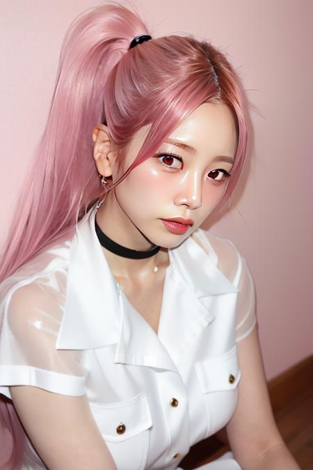 best quality,masterpiece,realistic,1girl,solo,ambient light,looking at camera,upper body, 
indoors,office,
detail face,complete eyes,
pink hair,high ponytail, bare shoulders, 
white shirt,
black choker,hoop earrings, 
a photo of kimminji,<lora:Dreamcatcher JiU v1:1>