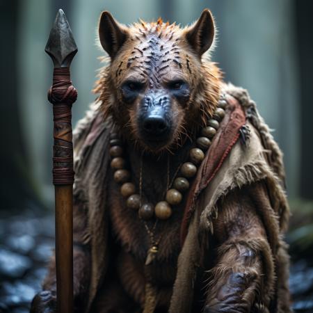 highly detailed documentary photo of gnoll:1.3,

solo, looking at viewer, 1other, weapon, jewelry, necklace, blurry, blurry background, realistic:1.3, mountain forest

masterpiece, best quality:1.1, 

ultra photoreal, photorealistic:1.0, sharp focus:1.1, 
depth of field:1.1, 

50mm, style of Nathan Wirth, Hasselblad X1D II, Porta 160,
