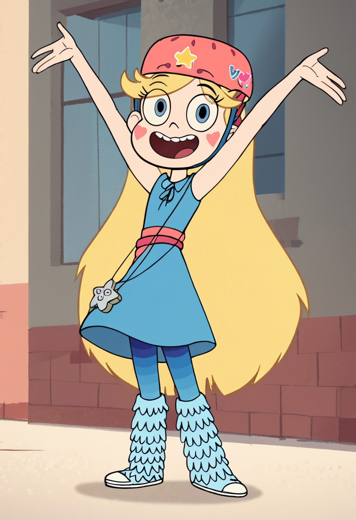 <lora:StarButterfly2.0:1> starbutterfly, 1girl, blonde hair,arms up, helmet,star \(symbol\),   long hair, solo,open mouth,...