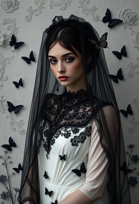 elegant woman, black veil, ivory gown, black lace, gothic romance, melancholic mood, dark butterflies, soft textured background, botanical motifs, dreamlike atmosphere, serene expression, poetic composition, introspective mood, fantasy portrait, romantic gothic style, combining elements of dark sculpture, character portrayal, and monochromatic photography to create a captivating and immersive composition that delves into the depths of emotion and narrative