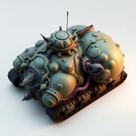 ((top view)), (tank),
Asymmetrical organic tank with massive growth bulges on one side and a withered shape on the other.
Chassis: Tumor-like armor patterns with tendrils and armored cysts. Surface ripples gently like breathing tissue.
Tracks: Thick, uneven track system with root-like armor entwining gear shafts.
Details: Regenerates armor chunks visibly. DNA-splicer node juts out near rear, framed in armor plates.
Lights: Sickly green and purple bio-glow from within bulges. Glows brighter when sustaining damage.