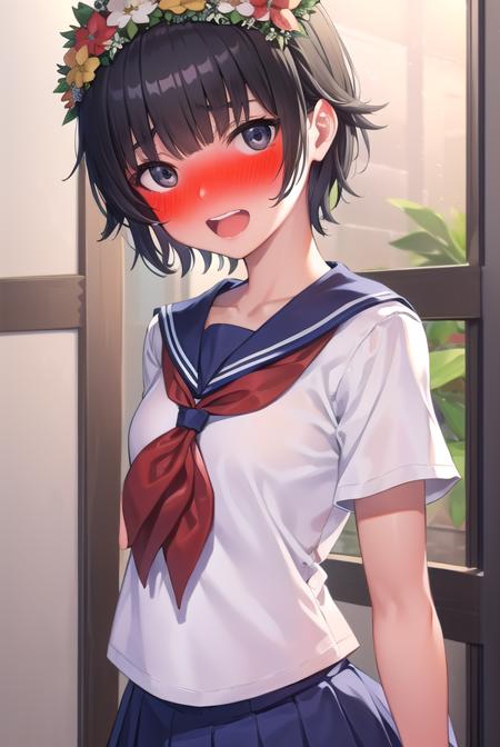 uiharukazari, <lora:uiharukazari-lora-nochekaiser:1>,
uiharu kazari, (black eyes:1.5), black hair, flower, hair flower, hair ornament, head wreath, short hair, bangs, blunt bangs, <lora:talkmouth_A_v100:1>, open mouth, <lora:yudedako_noline_cheek_v100:1>, embarrassed,
BREAK armband, sakugawa school uniform, school uniform, serafuku, skirt, summer uniform, neckerchief, red neckerchief, blue sailor collar, blue skort, short sleeves,
BREAK looking at viewer, upper body, fully body,
BREAK indoors, classroom,
BREAK <lyco:GoodHands-beta2:1>, (masterpiece:1.2), best quality, high resolution, unity 8k wallpaper, (illustration:0.8), (beautiful detailed eyes:1.6), extremely detailed face, perfect lighting, extremely detailed CG, (perfect hands, perfect anatomy),