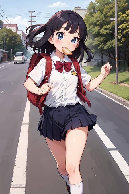 a girl in a school uniform is running down the street with a backpack and a piece of toast in her mouth, (Aya Goda:0.258), (anime girl:0.180), dynamic, running getting late, cuteness, japan anime school, anime style, drawn by professional anime artist,