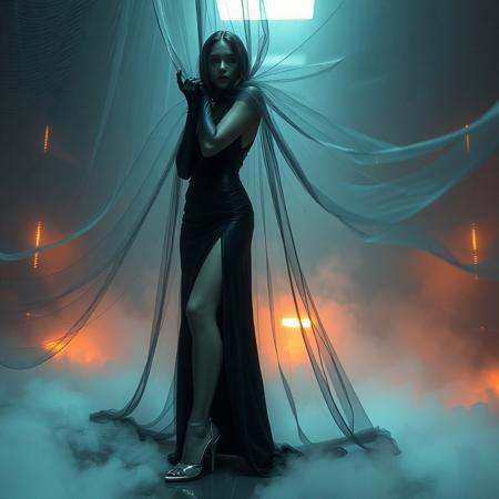 noble norvegian femme fatal lady  posing standing wearing evening GLOSSY THIN BLACK  slime high slit gown, GLOVES  and high heels,   entrapped in  giant long waving  ultrathin transparent fisnet veils, surrounded by  fog from the floor, captured in light beam from celling,  breeding chamber,  ultrathin waisym reminiscent of H.R. Giger, Zdzisław Beksinski, and Ash Thorp's dark, sleek styles, with close-up glamour photography, glossy satin and silver heels glistening, fleshy slime dripping, and dark shadows.