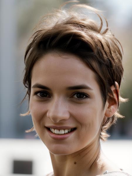 Realistic photo of a beautiful w1n0n4r woman,1girl,solo,looking at viewer,smile,short hair,simple background,black hair,brown eyes,teeth,lips,portrait,realistic,nose,soft lighting, professional Photography, Photorealistic, detailed, RAW, analog, sharp focus, 8k, HD, high quality, masterpiece<lora:w1n0n4r:1.0>