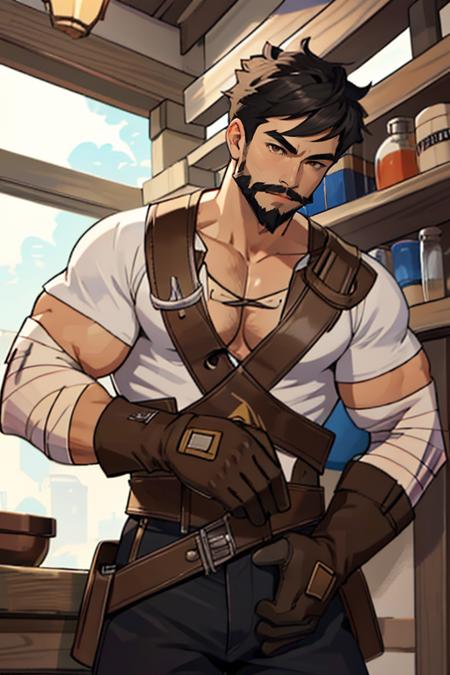 Wagner_Genshin_Impact, solo, short hair, shirt, black hair, gloves, 1boy, holding, brown eyes, white shirt, weapon, male focus, muscular, facial hair, bandages, pectorals, muscular male, bara, beard, brown gloves, mature male, mustache, leather, hammer, pectoral cleavage,  <lora:Wagner_Genshin_Impact:1>