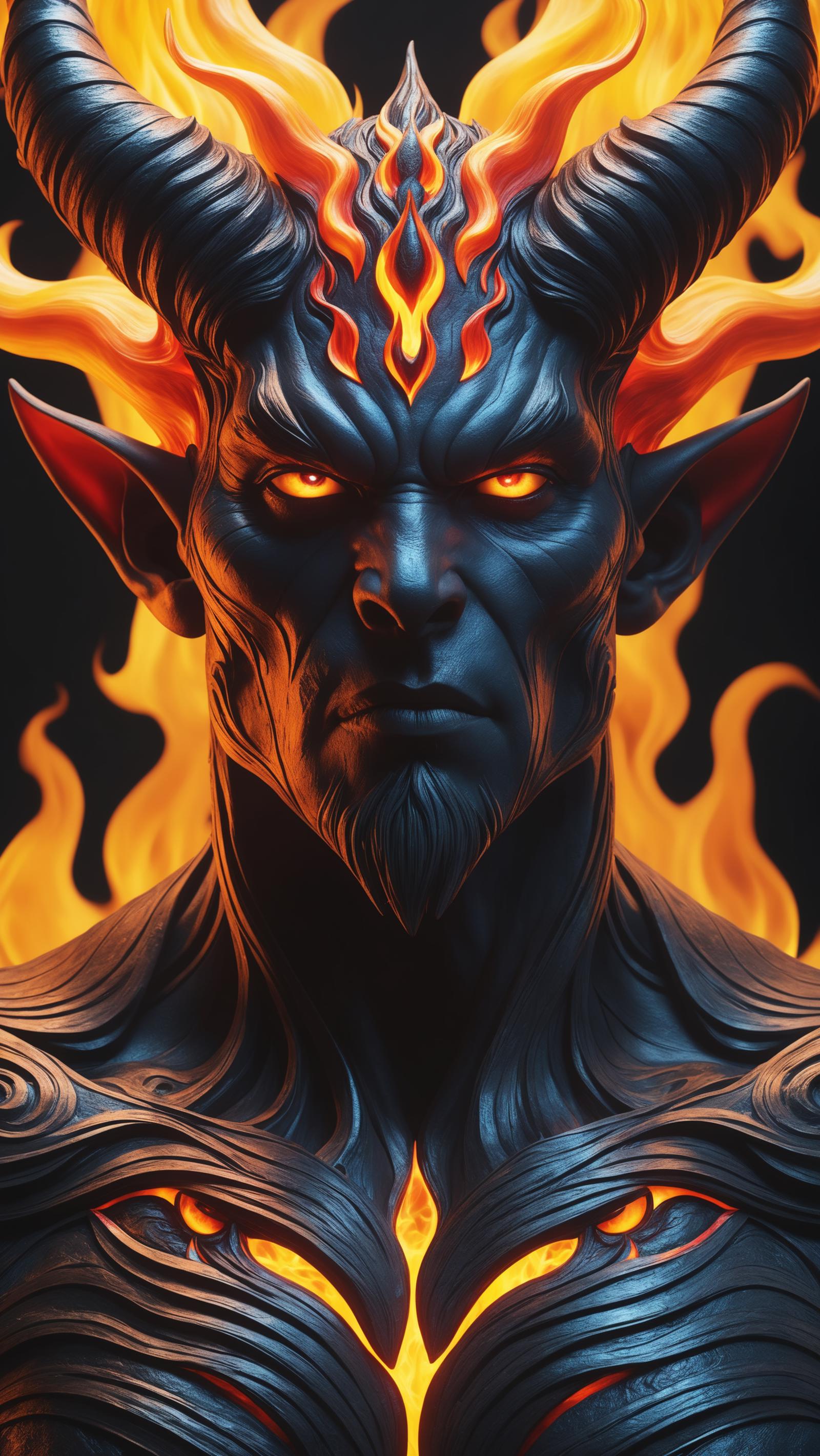 Blue Demon with Red Flames: A 3D Rendered Artwork of a Dark and Fiery Character