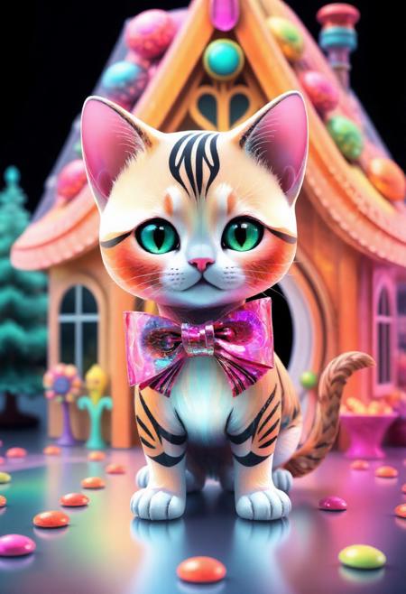 A cute cartoon cat wearing a large bow, standing in front of a candy house. made out of fractangles, PG rating, sfw,