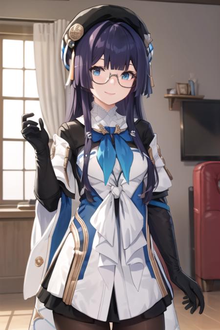 ((masterpiece, best quality)), very detailed,1girl,smile,standing,indoors,medium breasts,bow breasts, beret, pela, honkai star rail, black_gloves, black_headwear, black_legwear, blue_eyes, dress, glasses, gloves, hat, long_hair, looking_at_viewer, pantyhose, red-framed_eyewear, semi-rimless_eyewear, solo, under-rim_eyewear <lora:pela-15:0.7>