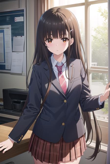 yumeirido, <lora:yume irido s1-lora-nochekaiser:1>,
yume irido, long hair, bangs, (black hair:1.5), hair ornament, (brown eyes:1.5), hairclip,
BREAK shirt, school uniform, jacket, white shirt, necktie, collared shirt, blazer, red necktie, red skirt, skirt,
BREAK indoors, classroom,
BREAK looking at viewer, (cowboy shot:1.5),
BREAK <lyco:GoodHands-beta2:1>, (masterpiece:1.2), best quality, high resolution, unity 8k wallpaper, (illustration:0.8), (beautiful detailed eyes:1.6), extremely detailed face, perfect lighting, extremely detailed CG, (perfect hands, perfect anatomy),