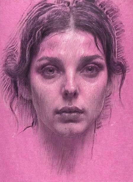 A close-up sketch of a woman's face, captured in black and white chalk on pink paper. The woman has wet hair, possibly from rain or a water-based activity, and her eyes are accentuated with dark makeup. The sketch has a dramatic and intense mood, with the woman's gaze directed towards the viewer. The composition is tight, focusing mainly on her face, neck, and bare shoulders.  <lora:Chalk_Sketch_SDXL_v1:1>