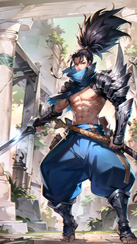 highly detailed, beautiful, small details, ultra detailed, best quality, digital illustration, detailed, intricate, 4k, good anatomy, intricate details, masterpiece, (illustration:1.1), highres, masterpiece, yasuo, league of legends, yasuo_(league_of_legends), weapon, sword, ponytail, 1boy, holding, outdoors, holding weapon, tree, male focus, sheath, black hair, mask, armor, long hair, ninja, muscular, katana, sickle, holding sword, solo focus, sheathed