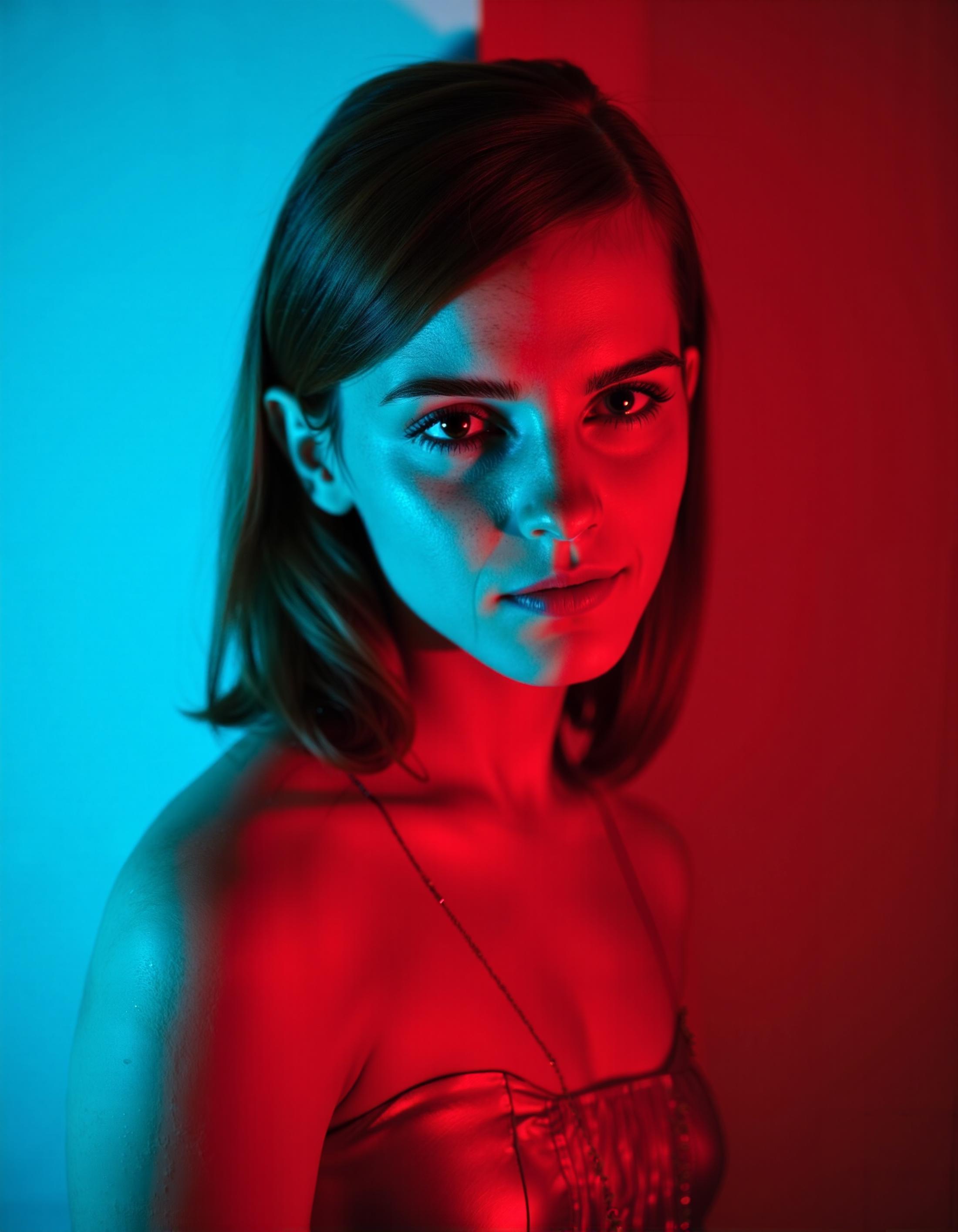 emmawats0n in a vilet dress looking at the camera. a with light blue lighting on the left and red lighting on the right
