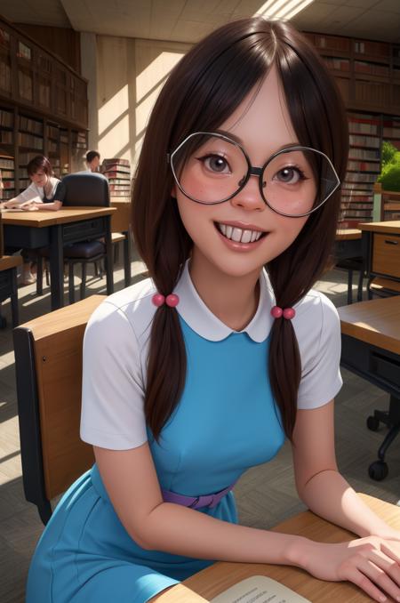 gretchen,black eyes,large glasses,low twintails,buck teeth,
blue dress,short sleeves,
upper body,smile,sitting,
library,desk,
(insanely detailed, beautiful detailed face, masterpiece, best quality),solo,<lora:gretchen:0.8>,