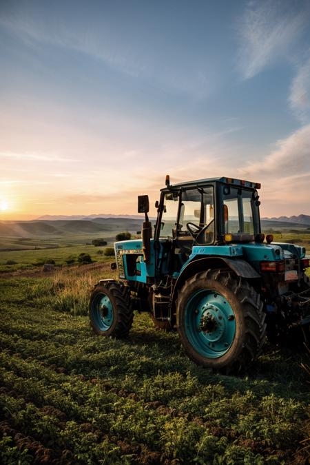 photo RAW,(mtz82, a Light green tractor parking on A mountain scene with a brilliant sunset over a range of distant peaks <lora:mtz82:0.65>,Realistic, realism, hd, 35mm photograph, 8k), masterpiece, award winning photography, natural light, perfect composition, high detail, hyper realistic, dusty atmospheric haze, high quality textures of materials, volumetric textures, coating textures, metal textures