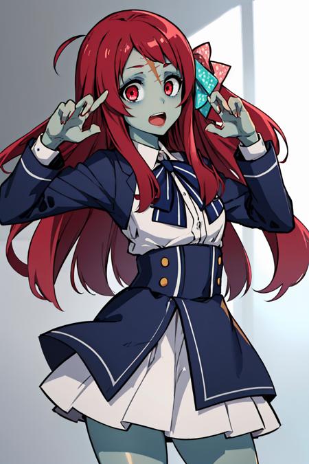 (masterpiece, best quality:1.2), solo, 1girl, minamoto sakura, zombie, blue skin, scar on face, open mouth, teeth, looking at viewer, claw pose, ahoge, hair bow, red eyes, school uniform, underbust, ribbon, long sleeves, skirt <lora:zombielandsaga_minamoto-10:1>