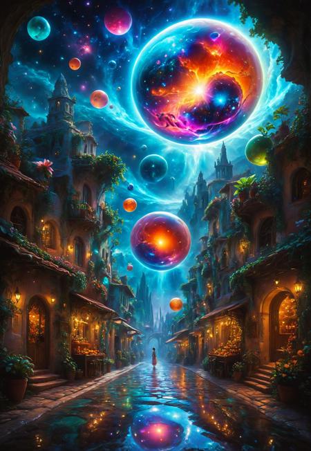 In a whimsical, twilight realm of shimmering pastels, a cyborg from a futuristic epoch finds herself in a quaint Spanish village marketplace. Vendors peddle bioluminescent flora and celestial fruits, while otherworldly creatures barter in harmonious, alien dialects. The cobblestone streets are lined with buildings of impossible architecture—balconies adorned with levitating gardens, windows that reflect constellations, and doors that open to enchanted forests within. The sky above pulses with a symphony of color, as if an artist painted the heavens with living light. Magical energy hums in the air, its visual manifestation akin to swirling galaxies contained in glass orbs. The marketplace bustles with life, a delicate balance between the natural and supernatural realms, as the cyborg, in her photo-realistic, DSLR-captured glory, explores this extraordinary fusion of magic, technology, and time.