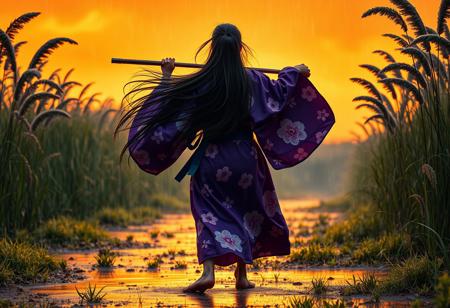 A lone long-haired girl, wearing the violet hue of a cherry blossom patterned yukata, dances in the pouring sunset rain. Her bare feet were stained golden yellow as they stepped on the wet earth, and the bright orange sky filled the entire scene. From behind we could see the fierce curve of her halberd, its steel gleaming dully in the fierce storm. Tall, windswept grasses, several times their normal height, undulated and swayed dramatically around her, reflecting the intense colors of the sky. Her messy black hair was stuck to her shoulders by the rain and fluttered in the wind. Her movements are graceful yet ferocious, dramatically backlit to highlight her figure and the intense emotions portrayed on her face as she dances. The picture is full body. Volumetric lighting casts dramatic shadows, accentuating the textures of the grass and the yukata fabric. The style is reminiscent of a painting masterpiece, with its surreal details capturing the intensity and ethereal quality of the moment. The scene is rendered with a bloom effect, rich in detail, in the style of LuisapAbstract_abstractVersion, focusing on fluidity and emotion.