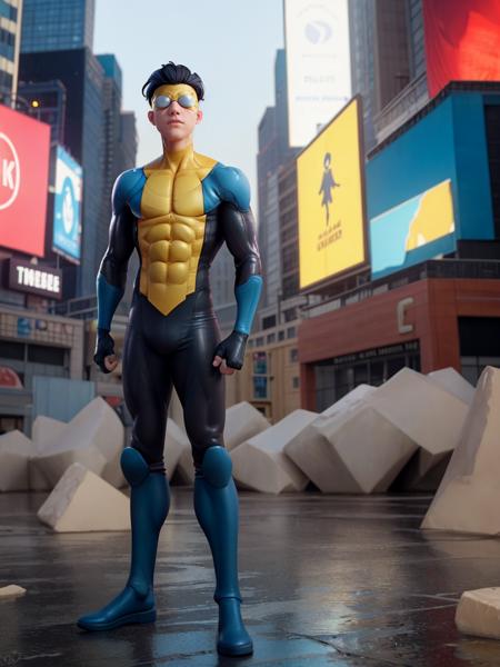 Invincible2023, photorealistic, 8k, uhd, best quality, masterpiece, best quality, 1boy, 5 fingers, cinematic lighting, raw image, trending on arstation, vibrant colors, goggles, depth of field, standing, full body, new york, times square, pixar style,, cinematic lighting