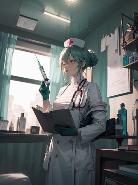 holding syringe ,(holding book:1.15),nurse suit,nurse cap, stethoscope,green gloves, hospital, hospital bed,iv stand,pill bottle,  hair up,, masterpiece,1girl,cute