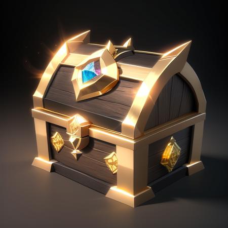 Simple structure, best quality symmetry, fantasy, a treasure chest with various, realistic, black background, (gem), (dragon shape), winding, ribbon, rose, gold coin, golden <lora:GameIconResearch_chest Lora: 0.5>